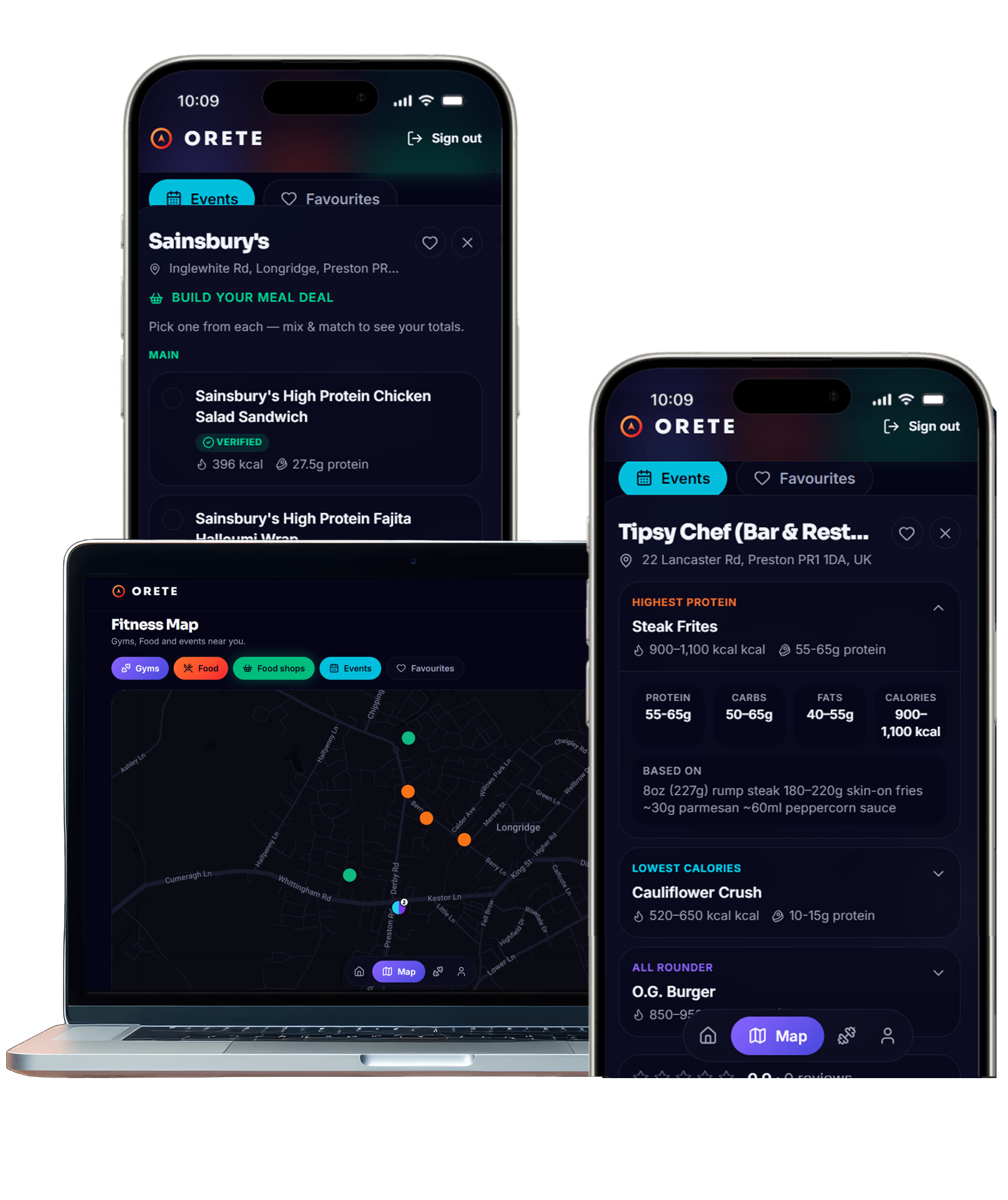 Orete app shown on iPhone and laptop — fitness map, meal deal builder, and macro breakdown